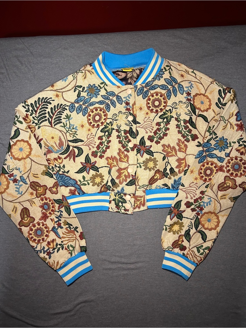 Embroidered Floral Cropped Varsity Jacket in Cream with Blue Trim